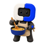 Blue in an apron stirring a pot of soup with a wooden spoon.