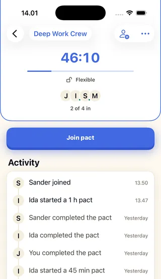 The CoPact crew screen showing a 46:10 countdown, Flexible, four initials discs reading 2 of 4 in, and a Join pact button above the crew activity list.