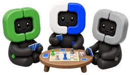 Three people sitting around a low table playing a board game, cards in their hands, no phone on the table.