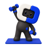Blue lifting a dumbbell on an exercise mat.