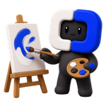 Blue painting a brushstroke onto a canvas on an easel.