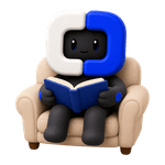 Blue reading an open book in an armchair.