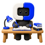 Blue writing in an open notebook at a desk, a lamp on one side and a stack of books on the other.