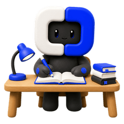 Blue writing in an open notebook at a desk, a lamp on one side and a stack of books on the other.
