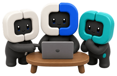 Three people gathered around one laptop at a low table, no phone on the table.